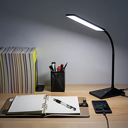 RAOYI LED Desk Lamp, 12W Dimmable Table Lamp Eye-Caring Reading Light with USB Charging Port, Touch Control, 5 Lighting Modes and 7-Level Brightness for Home Office Bedrooms (Black)