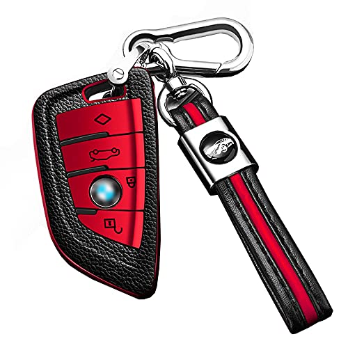 SANRILY Smart Key Fob Cover for BMW 2 5 6 7 Series X1 X2 X3 X5 X6 Keyless Entry Remote Keychain Holder Full Protection PU Leather Key Case Shell Red
