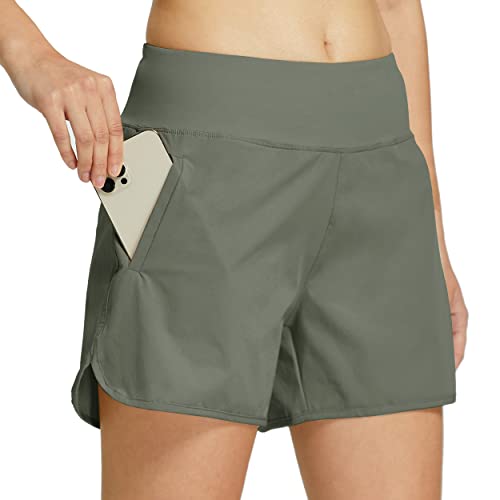 Willit Womens 4″ Running Hiking Shorts Athletic Active Shorts with Liner Quick Dry Sports Shorts Zipper Pocket Army Green M