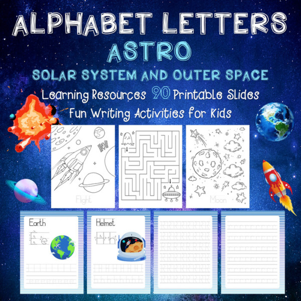 ASTRO – SOLAR SYSTEM AND OUTER SPACE – Alphabet Trace Letters Calligraphy Set – Handwriting Practice for Pre K and Kindergarten Packet