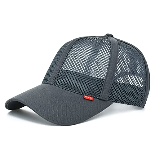 FEICUI Men Mesh Trucker Baseball Cap Hat Adjustable 6-Panel Hat Outdoor Sports Wear (Grey)
