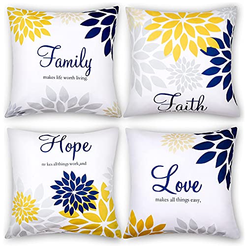 4 Pcs Yellow Flower Navy Pillow Covers Square Pillow Cushion Cases 18×18 Inch, Family Faith Hope Love Words Pillow Cases Decorative Spring Summer Pillow Case for Sofa Bed (Yellow Series)