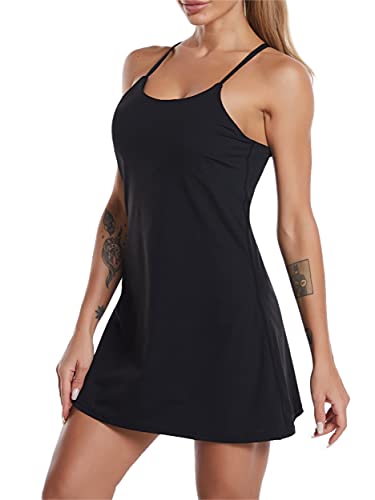 Women’s Sleeveless Exercise Tennis Dress with Built-in Bra & Shorts Golf Workout Athletic Dresses Pockets (Black, Large, l)