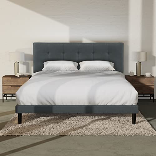 Beyond Lifestyle – Upholstered Platform Bed Frame with Adjustable Tufted Headboard / Queen / Dark Gray / Minimalist / Slim and Sturdy / Mattress Foundation / No Box Spring Needed / 5 Years Warranty