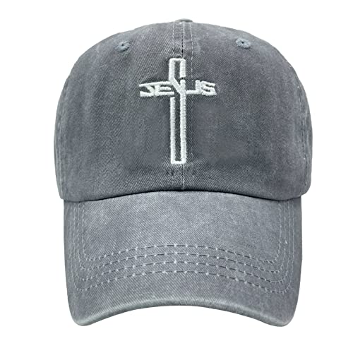 NVJUI JUFOPL Christian Jesus Cross Baseball Cap for Men Women, Vintage Embroidered Dad Hat Gray