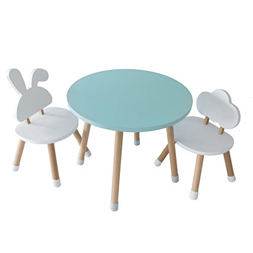 KYWAI – Kids Wood Table and 2 Chairs Set. Junior Table for Toddlers, Girls, Boys, Children. Ideal for Arts & Craft, Activities, homeschoooling, Snack time. Colour White and Mint. Beech Wood. Ages 3-6