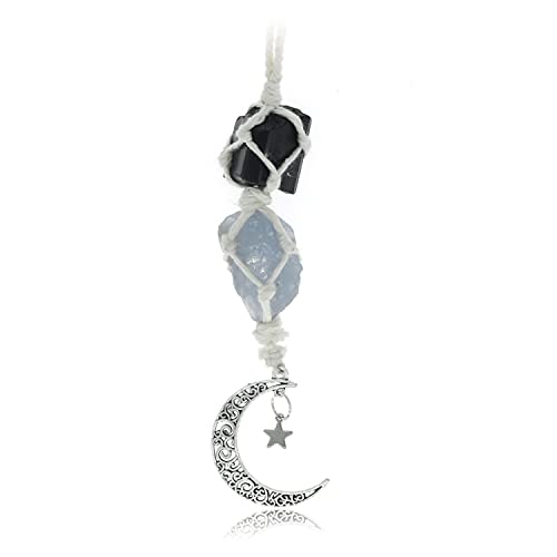BOHO GARDEN Hanging Car Charm – Black Tourmaline & Blue Calcite – Dangling Moon & Healing Crystal Accessories, Rearview Mirror Decorations – Confidence, Calmness, Creativity, Protection, Communication