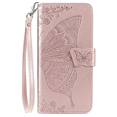 DiGPlus Galaxy A12 Wallet Case, [Butterfly & Flower Embossed] Leather Wallet Case Flip Protective Phone Cover with Card Slots and Kickstand for Samsung Galaxy A12 6.5-inch (Rose Gold)