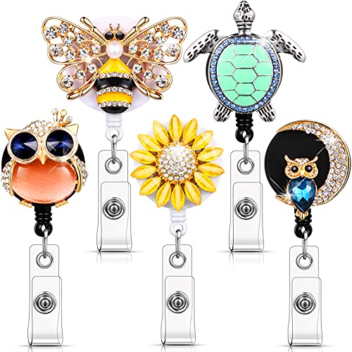 5 Pieces Crystal Badge Reels Retractable Rhinestone Badge Holder ID Name Badge Reels with Alligator Swivel ID Badge Clip for Teacher Worker Nurse Gift (Turtle, Bee, Owl, Flower) | The Storepaperoomates Retail Market - Fast Affordable Shopping