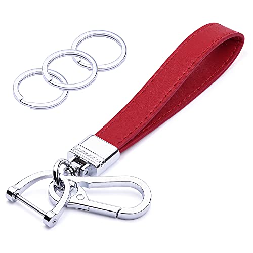 Wisdompro Genuine Leather Car Keychain, Universal Heavy Duty Leather Key FOB Keychain Key Chains Women for Car Keys with 360 Degree Rotation, Anti-lost D-ring – Red
