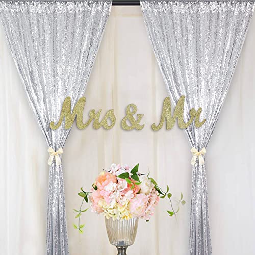 Silver Sequin Curtains 2 Panels 2FTx8FT Glitter Sequin Backdrop Curtain Sequin Photo Backdrop Birthday Party Decor Payette Sequin Curtain Panels Wedding Party Background Drapes (2FTX8FT, Silver)
