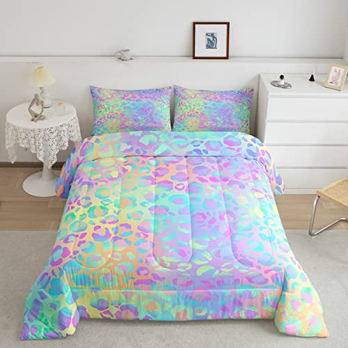 Women Leopard Printed Comforter Set , Cheetah Printed Bedding Set for Kids Girls Boys Full Size , Modern Colorful Leopard Pattern Bedroom Room Decor Lightweight Soft Bedding Quilt with 2 Pillowcases