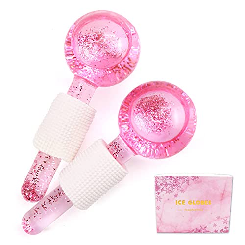 Poleview Ice Globes for Facials, Cooling Face Roller, Facial Massage Tools for Daily Skincare, Tightens Skin, Reduce Puffiness and Dark Circles, Anti Ageing, Enhance Circulation – Pink, with Glitter