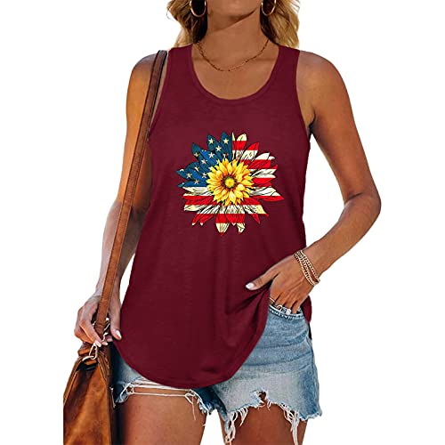 Mom Shirt Tank Tops for Women Sunflower American Flag Print Graphic Tee Racerback Shirts Sleeveless T Shirt Summer Tees