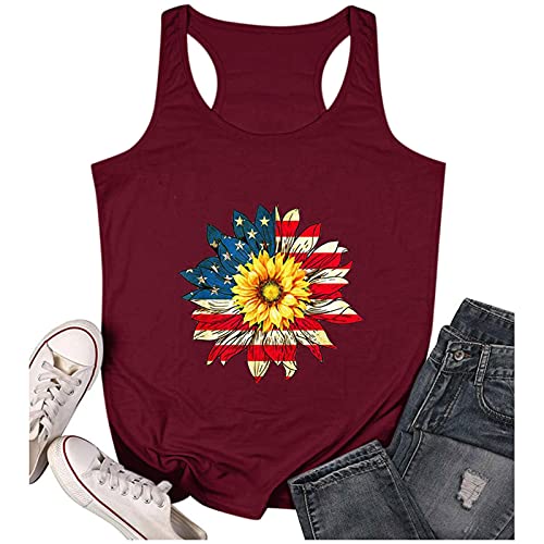 Mom Shirt Tank Tops for Women Sunflower American Flag Print Graphic Tee Racerback Shirts Sleeveless T Shirt Summer Tees | The Storepaperoomates Retail Market - Fast Affordable Shopping