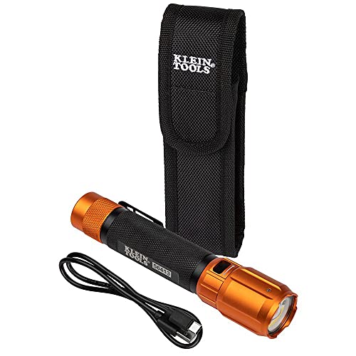 Klein Tools 56413 Rechargeable 2-Color LED Flashlight, Holster, Spotlight, Floodlight, Red LED, 1000 Lumens, USB Cable, Camping, Hunting