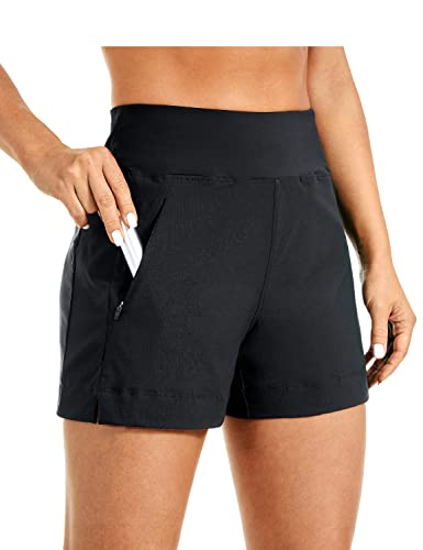 CRZ YOGA Women’s Lightweight Mid Rise Hiking Shorts 4” – Stretch Athletic Summer Travel Outdoor Golf Shorts Zip Pockets Black Large