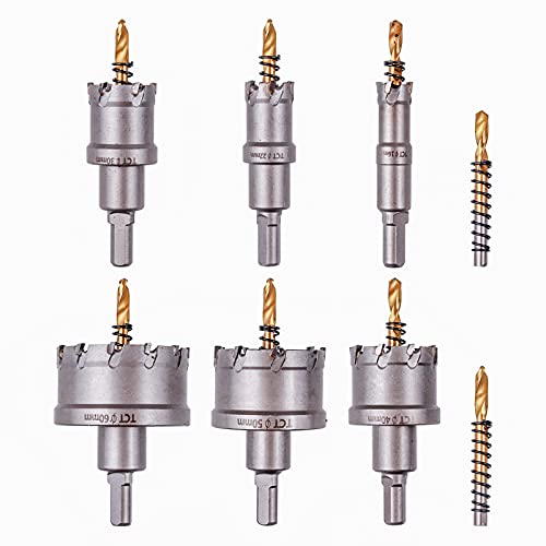 Rocaris 6 Pack Drill Bit Hole Saw Set 16-60mm, Tungsten Carbide Tipped Cutters with 2 Pack Titanium-Plated Center Drill Bits for Hard Metal, Stainless Steel, Iron, Wood, Plastic
