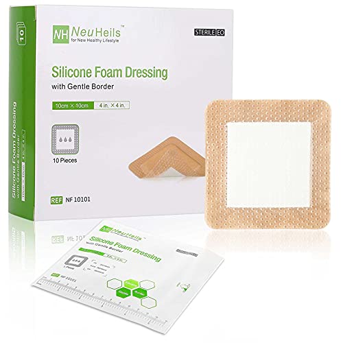 Silicone Adhesive Foam Dressing with Gentle Border 4”x4” for Bed Sore Leg Ulcer 10 Pack, High Absorbency Waterproof Silicone Wound Bandage for Foot Diabetic Ulcer