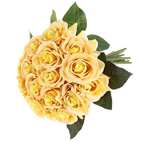 Pure Garden Artificial Open Rose Bundles – 18PC Real Touch Fake 11.5-Inch Flowers with Stems for Home Décor, Wedding or Bridal/Baby Shower (Yellow)