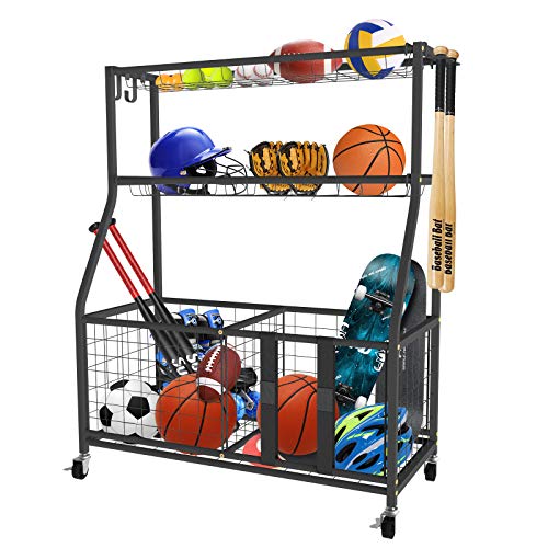 Uboway Garage Sports Equipment Organizer: Sports Equipment Organizer for Ball Storage, Garage Storage System with Basket and Hooks, Indoor or Outdoor Gear Storage for Sports and Toys