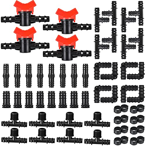 52 Pieces Drip Irrigation Fitting Kit Irrigation Barbed Connector for 1/2 Inch Tubing 4 Switch Valve, 8 Coupling, 8 Tee, 8 Elbow, 8 End Closure, 8 Plug, 8 16 to 4 Point Tee Connector