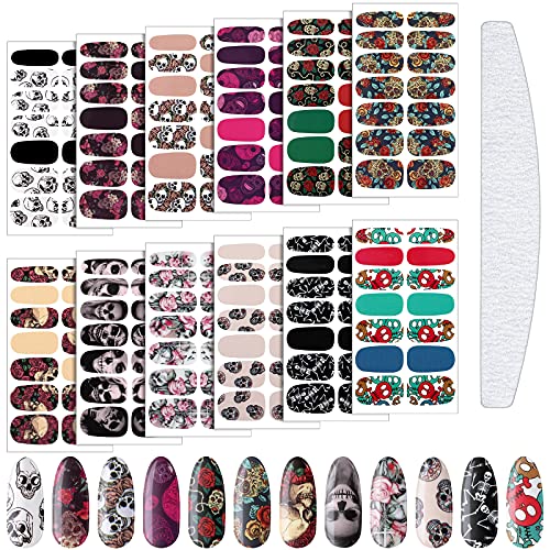 168 Pieces Skull Full Wrap Nail Stickers Gothic Art Full Wraps Nail Polish Stickers 3D Self Adhesive Nail Decal Strips with Nail File Girls Nail Decoration (Skeleton Style)