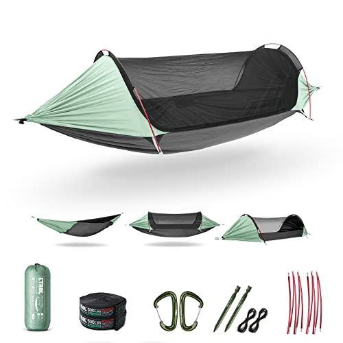 ETROL Camping Hammock with Mosquito Net,3 in 1 Function Parachute Portable Hammock,Double & Single Hammocks Tent for Travel Outdoor Indoor Hiking Patio – with Tree ​Straps,Carabiners,Aluminium Poles