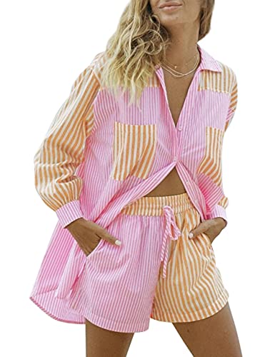 SAFRISIOR Women’s 2 Piece Casual Tracksuit Outfit Sets Stripe Long Sleeve Shirt And Loose High Waisted Mini Shorts Set (Large, Pink&Yellow, l)