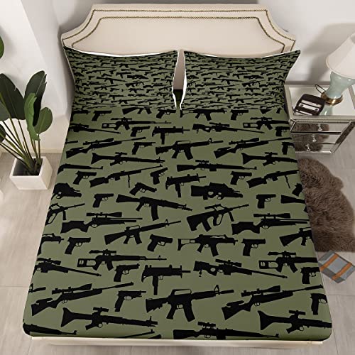 Erosebridal Machine Guns Fitted Sheet for Kids Boys Teens Men Military Theme Bedding Set,Army Rifle Bed Sheets,Soft Microfiber Bed Cover 1 Pillowcase Bedroom Decor Twin Army Green (No Flat Sheet)