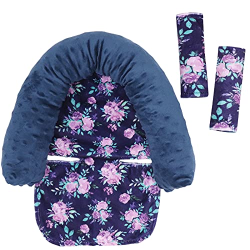 Baby Carseat Headrest and Strap Covers, Purple Floral Minky Infant Strollers Head Support & Seat Belt Cover, Toddler Strollers Headrest and Neck Cover, Car Accessories for Newborn Boys & Girls