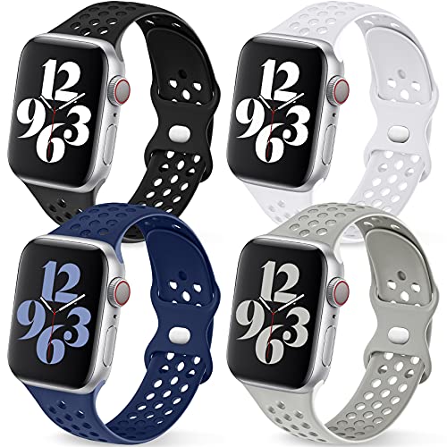 Getino Sport Bands Compatible with Apple Watch Band 40mm 41mm 38mm for Women Men, Cute Stylish Soft Slicone Sport Strap for iWatch SE Series 8 7 6 5 4 3 2 1, 4 Pack, Black/White/Dark Blue/Gray