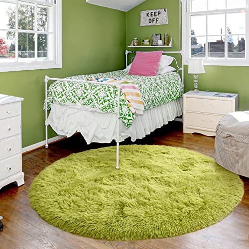 Merelax Green Round Rug for Kids Room, 4 ft Soft Shaggy Circular Rug for Baby Nursery, Fluffy Circle Rug for Bedroom, Furry Carpet for Teen Girls Room, Fuzzy Plush Area Rug for Dorm Children Play Mat