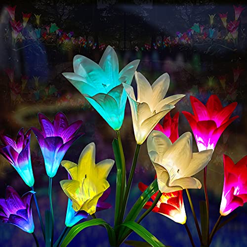 Outdoor Flower Solar Lights 3 Pack, Aukora Waterproof Solar Garden Lights with 12 Lily Flowers, Color-Changing LED Solar Stake Lights for Patio Back Yard Pathway Walkway Garden Decor(White Purple Red)