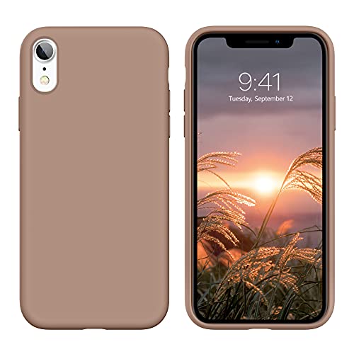 DUEDUE iPhone XR Case, Liquid Silicone Soft Gel Rubber Slim Cover with Microfiber Cloth Lining Cushion Shockproof Full Body Protective Case for iPhone XR 6.1” Cute for Women Men, Light Brown