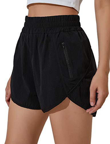 Blooming Jelly Womens High Waisted Running Shorts Athletic Workout Shorts Quick Dry Pants with Zipper Pocket (M,Black)