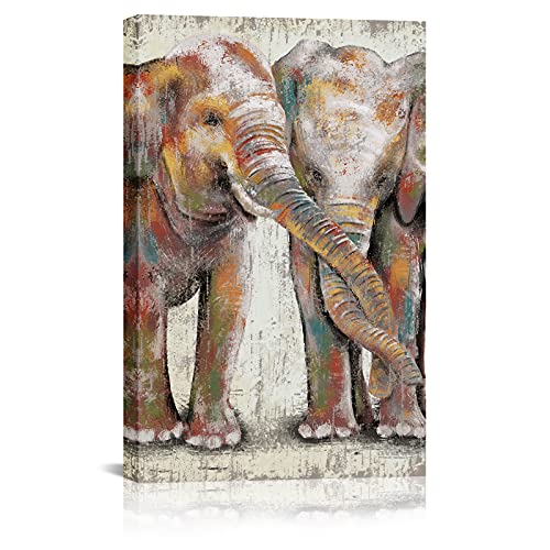 SkenoArt Elephant Canvas Wall Art Brown and Color Funny Baby Animal Painting Pictures Print Wild African Elephant Artwork for Home Nursery Kids Bedroom Bathroom Decoration Framed Ready to Hang