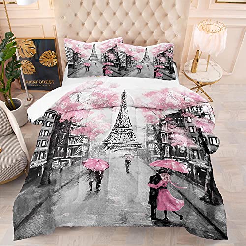 Pink Paris Eiffel Tower Comforter Set Queen Size French Style Couple Lover Flower Bedding Sets for Girls Women Kids Quilted Duvet 1 Comforter + 2 Pillow Cases