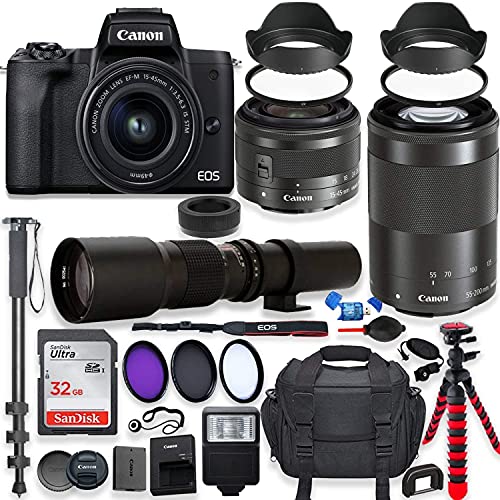 Canon Intl. EOS M50 Mark II Mirrorless Digital Camera with 15-45mm Lens Bundle (Black)+ EF-M 55-200mm f4.5-6.3 is STM Lens & 500mm Preset Lens + 32GB Memory + Filters + Monopod + Professional Bundle