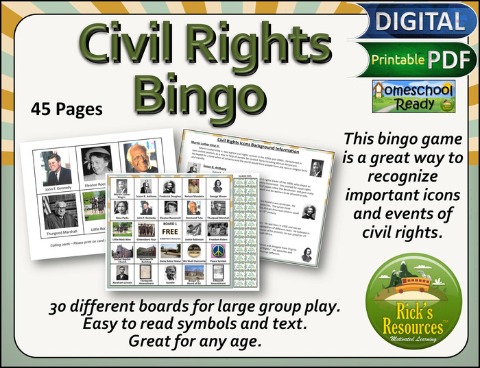 Civil Rights Bingo Game Print and Digital Versions | The Storepaperoomates Retail Market - Fast Affordable Shopping