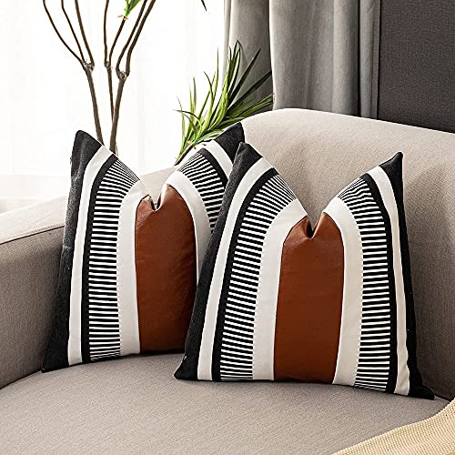 HYOUBALA Farmhouse Throw Pillow Covers -Decorative Faux Leather Pillow Cases for Couch Sofa Livingroom Tribal Stripe Accent Cushion Cover 18×18 Inch。 (2, 18”X18”)