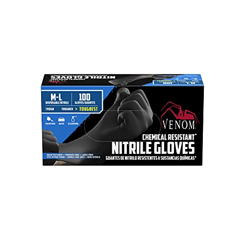 Venom Chemical-Resistant Disposable Nitrile Gloves, Black, Size Medium/Large, 100 Count