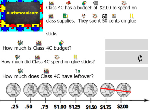 Money budget word problems with a focus on quarters symbol based created for visual learners
