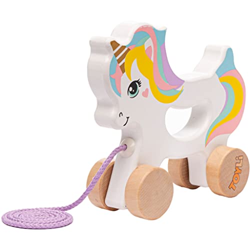 TOYLI Wooden Unicorn Push & Pull Along Toy Developmental Montessori Toddler Pull Toys Improves Balance Strength Confidence for Infants Develop Cognitive Skills Baby Toddlers 18 Month Toy Pull