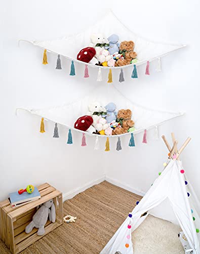 Mkono Stuffed Animal Toys Hammock Boho Hanging Stuff Animals Storage Organizer with Decorative Tassels Corner Large Capability Toy Net Holder for Nursery Playroom Kid’s Room Bedroom, 2 Pieces, Small | The Storepaperoomates Retail Market - Fast Affordable Shopping
