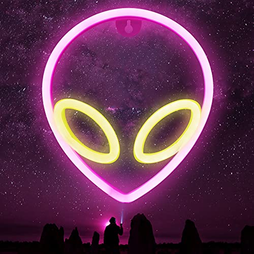 Alien Neon Signs, LED Neon Lights for Wall Decor Battery/USB Operated Night Lights Alien Lamp for Home, Christmas, Halloween, Teen Kids Bedroom Decor (Alien-Warm White&Pink)
