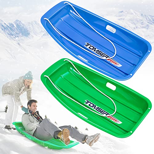 tomser 35 Inch Utility Snow Sled, 2 Pack Flexible Sleds for Kids and Adults Upgraded Durable Plastic Toboggan Family Holiday Rider Downhill Sled with Pull Rope Slide Snow Toy for Winter Sledding Ski