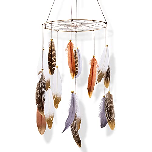 Boho Feather Baby Mobile for Crib, Bohemian Nursery Gender Neutral Wall Hanging Decor, Large Dream Catcher Ornament Hanger Gift for Kids Newborn Ceiling Children Bedroom Outdoor Tent Teepee
