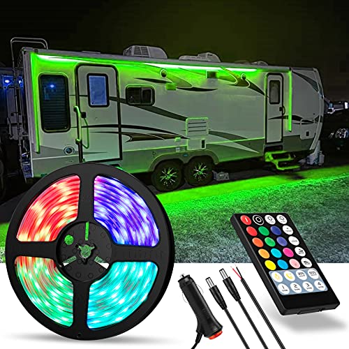 WELLUCK RV LED Camper Awning Lights, 12V, 12FT/3.6M, Dimmable, Remote Control, Warm White Mode and RGB Mode, LED Light Strip Exterior Lighting Fixture for RV Camping Canopy Motorhome Travel Trailer