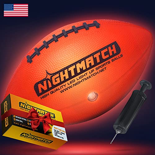 NIGHTMATCH Light Up LED Football – Perfect Glow in The Dark American Football – Official Size 6 – Extra Pump & Batteries – Cool Stuff Birthday Gifts for Boys -Waterproof Glow Football with Two LEDs
